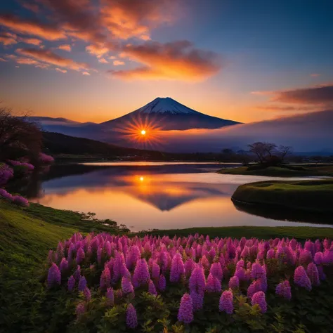 Beautiful pictures、magnifica、Amazing reflections of the sky, Incredible reflections, beautiful reflection, stunning photo, epic and stunning, Diamond Fuji、Mt fuji、The sun is on the top of the mountain:1.9