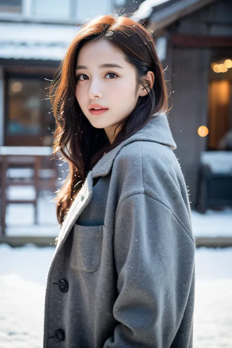 realistic photos of (1 cute Korean star) Shoulder-length hair, thin makeup, medium breasts size, wearing coat, in the snow, clear facial features, 8K high resolution, sharp and realistic details.from outside, Eye-Level Shot, f/4.0, 135mm, Fujifilm, jpeg ar...