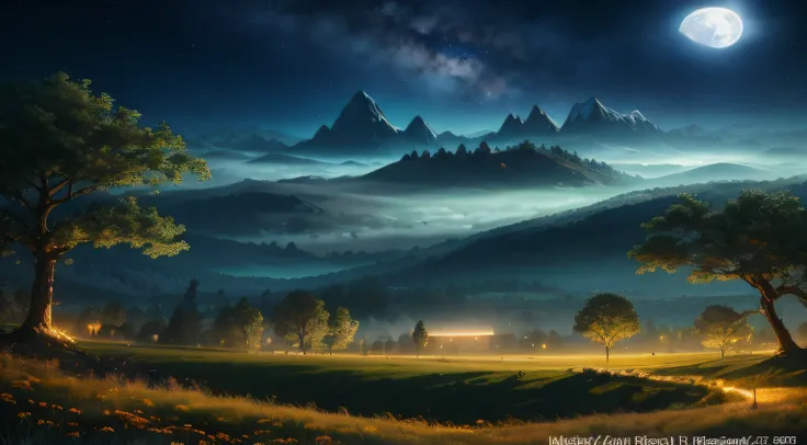 Night field with mountains and trees under the moonlight and a starry sky