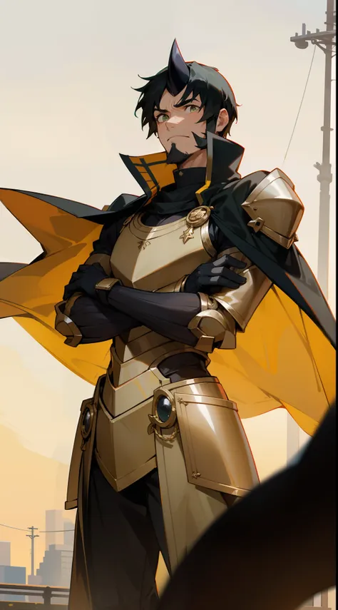 1man,black horn,solo,muscle, golden templar armor,green eyes,facial hair,short hair,black hair,masterpiece,best quality,standing in a road of a city at sunset,crossed arms,,black cape,black gloves