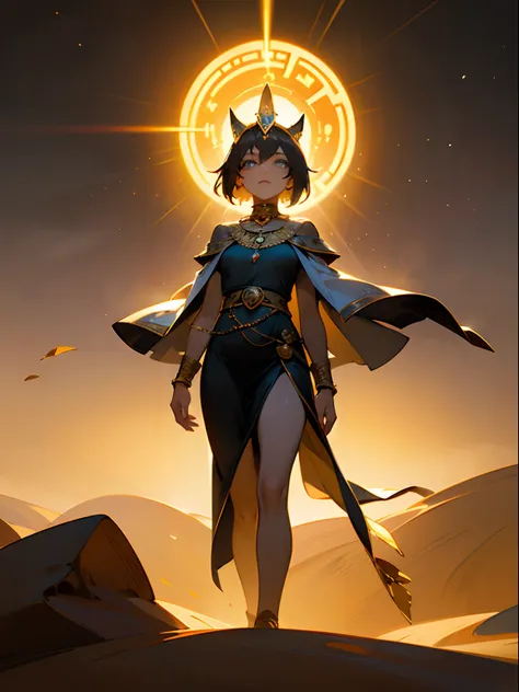 Generate an image of an anime woman with tanned skin, wearing an elaborate Egyptian goddess outfit. Place her against a vast desert background. Describe her with black, short hair and mesmerizing, glowing blue eyes. Ensure her arms and legs are adorned wit...