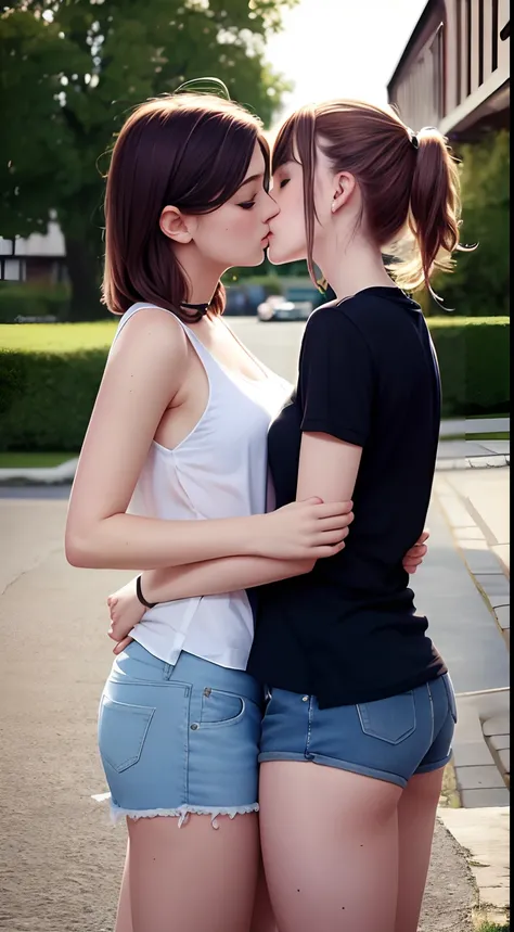 Young British realists, Beautiful, 2 Tennage lesbian girls kiss romantically, 15 years, Ropa casual, diferente color de cabello, Diferentes poses, Disco duro, 64k, full resolution, Fotorrealista