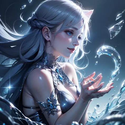 (Beautiful and high-definition CG Unity 8k wallpapers、masutepiece、Best Quality、Floating softly),(Ice Temple、blue lights、depth of fields、White kitten and beauty、Woman staring at cat,Reaching out),(looking happy smile、wide Shots) Glittering ice background