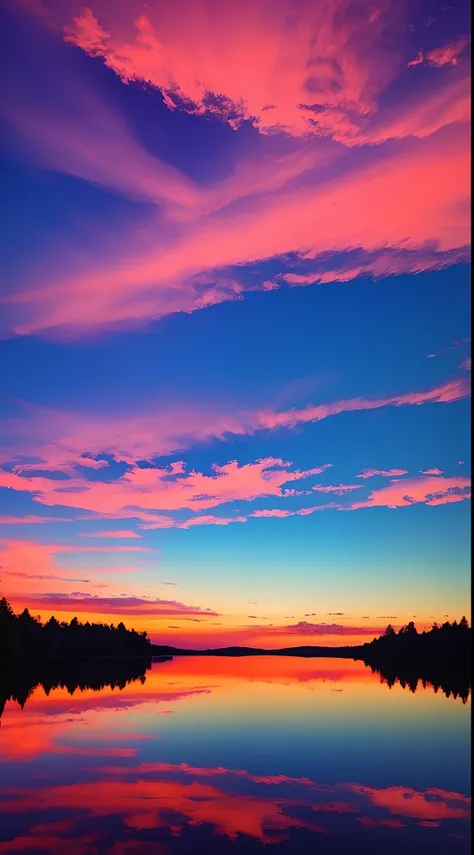 there is a beautiful sunset with a lake and trees in the background, colorful skies, surreal colors, colorful sunset, colorful sky, marvellous reflection of the sky, stunning sky, dream like atmosphere 8k, colorful clouds, colors reflecting on lake, surrea...