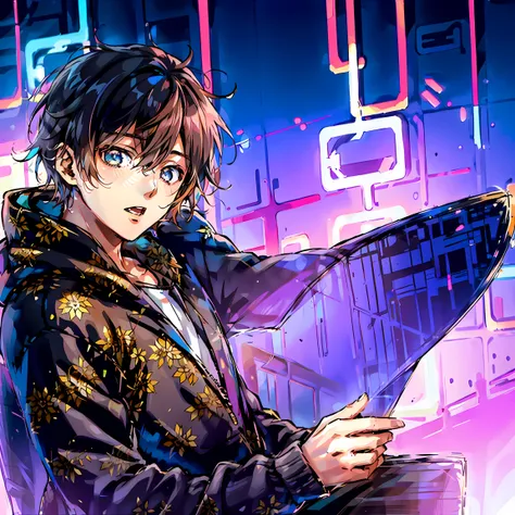 boy, 1boy, solo, (Male:1.3), anime, 2019 style, 2018style, 2018 anime, 2018, hoodie, galaxy print, galaxy print hoodie, sharp long bangs, short but long male hairstyle.