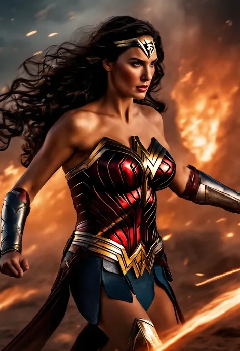 wonder woman as a spartan warrior, flying through the air, lasso of truth spinning above her, dying spartans on the ground , bloody armor, epic, 8k