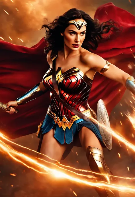 wonder woman as a spartan warrior, flying through the air, lasso of truth spinning above her, dying spartans on the ground , bloody armor, epic, 8k