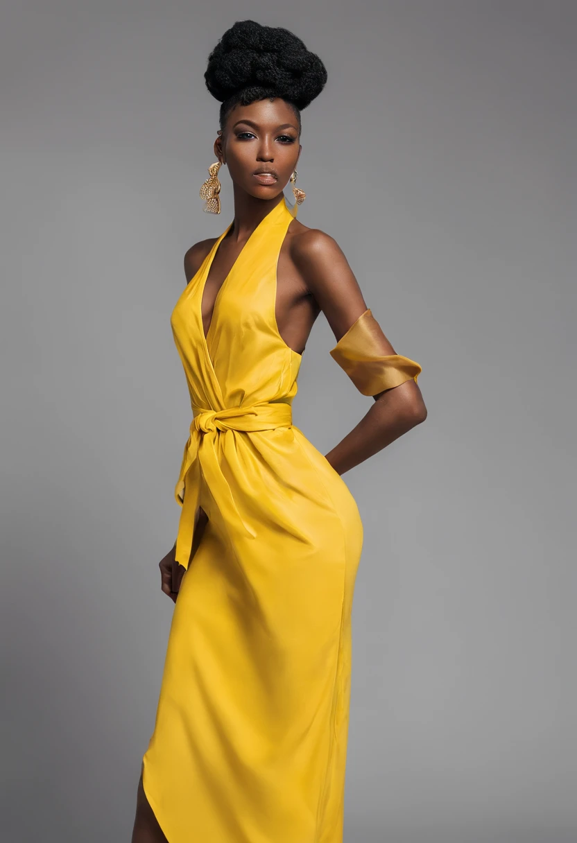 Full portrait dune femme noire, nez pointu, robe jaune longue africaine, cheveux envelopper avec une plastique transparente, boucle doreille, bracelet en bois, dans un background simple