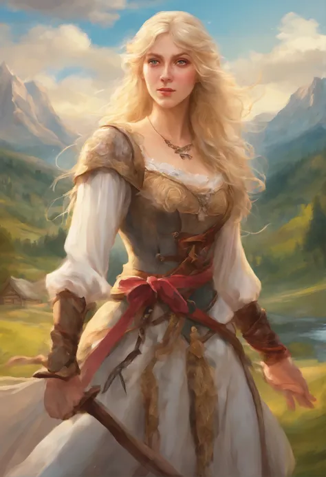 (a blonde woman with medieval attire, holding a bow),oil painting, detailed face and eyes, vibrant colors, realistic lighting, medieval landscape, castle in the background, flowing hair, confident and focused expression, classical art style, warm color ton...