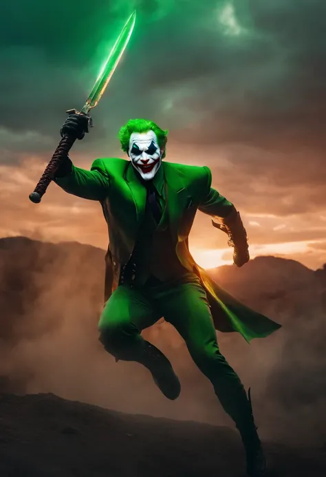 the joker as a spartan warrior, jumping in the air, a neon green sword in his hands, the sky is a pale hunter green, dying spartans on the ground , bloody armor, epic, 8k