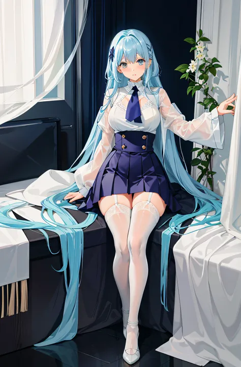 8K，ultraclear，JK，校服，Very short pleated skirt，Japanese manga style，Pure white lace translucent dress，Moist clothes，Stockings reflective，Hair without ribbons，Light blue feet naked lace-up heels，Underwear moist strengthened，Stockings reflect reinforcement，Lew...