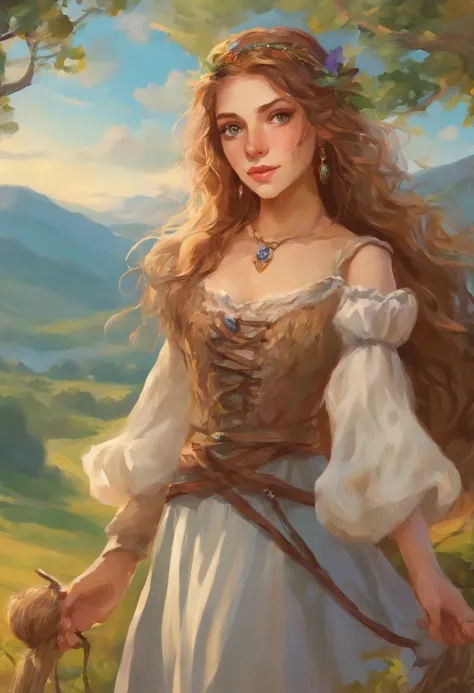 (uma mulher loira com traje medieval, Holding a noose),oil-painting, rosto e olhos detalhados, cores vibrantes, realistic lighting, paisagem medieval, Castelo no fundo, flowing hair, confident and focused expression, Classic Art Style, tons de cores quente...