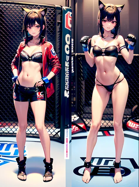 ((cat girl)), ((full body)), ((Standing pose)), (((baggy and long leg warmers))), ((strapless bikini bra)), ((thong)), ((open jacket)), ((UFC gloves)), ((fully detailed))