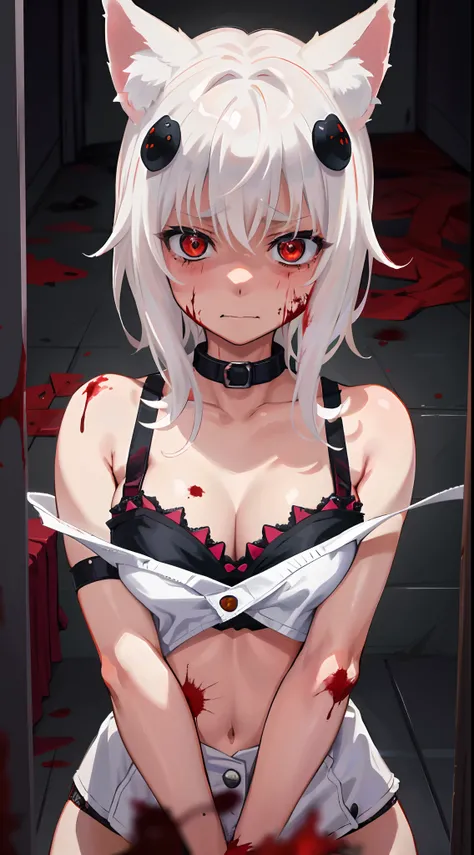 Best Quality, (Masterpiece:1.2), High Detailed, Cat Ears, 1girl, solo, tojo koneko, looking at the viewer, closed mouth, light smile, red eyes, white hair, short hair, hair decoration, cleavage, black neckband, erotica, sleeveless, (close-up), bare legs, (...