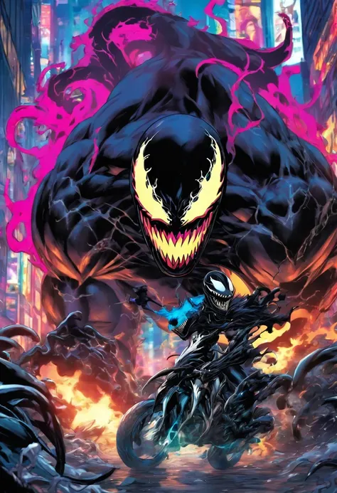 foto do Venom combina corpos com Motoqueiro Fantasma da Marvel do lado de fora da cidade 17, chuvoso, rtx, octano, irreal