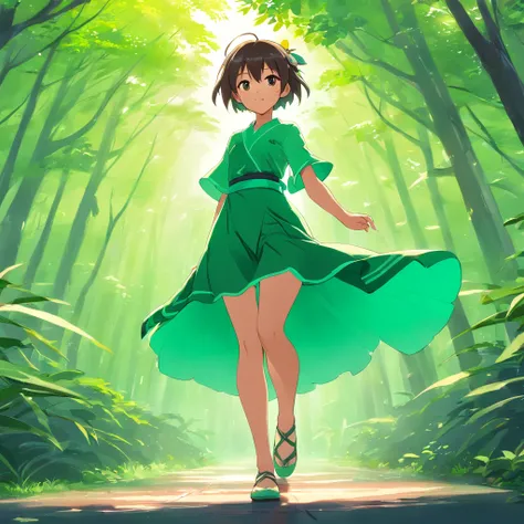 Menina do anime no traje verde e preto nas asas e no fundo verde, Personagem Pixie, fada, fada da floresta, menina treinador do inseto, duende morena com asas de fada, duende, cute 3d anime girl rendering, April Rendering, Fairy Dance, pernas abertas