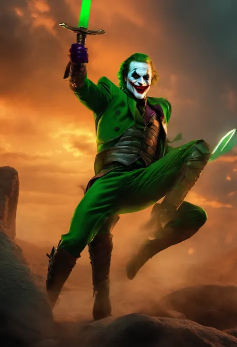 the joker as a spartan warrior, jumping in the air, a neon green sword in his hands, the sky is a pale hunter green, dying spartans on the ground , bloody armor, epic, 8k