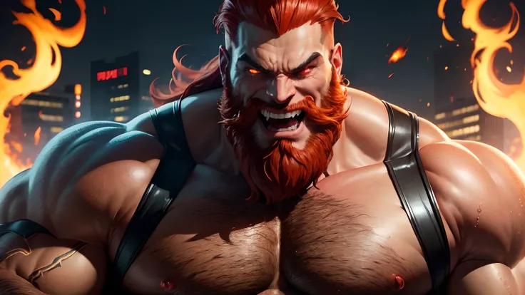 (best quality,highres),(realistic:1.37),muscular gigantic man,colossal man,taller than buildings,red-haired,with a beard,evil,devilish,laughing loudly,menacing gaze,massive body,rippling muscles,dominant presence,ominous atmosphere,dark ambiance,strong jaw...