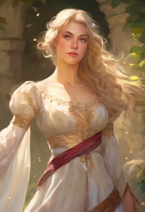 (uma mulher loira com traje medieval, segurando um arco),oil-painting, rosto e olhos detalhados, cores vibrantes, realistic lighting, Paisagem medieval, castelo no fundo, flowing hair, confident and focused expression, Classic art style, tons de cores quen...