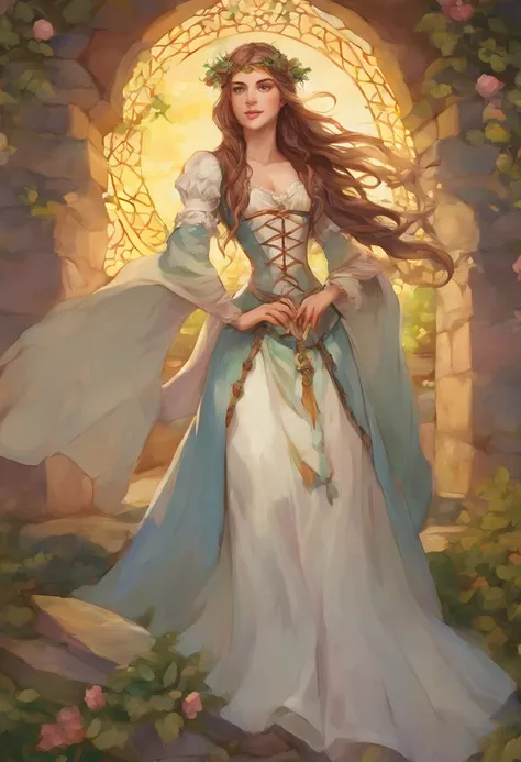 (uma mulher loira com traje medieval, segurando um arco),oil-painting, rosto e olhos detalhados, cores vibrantes, realistic lighting, Paisagem medieval, castelo no fundo, flowing hair, confident and focused expression, Classic art style, tons de cores quen...