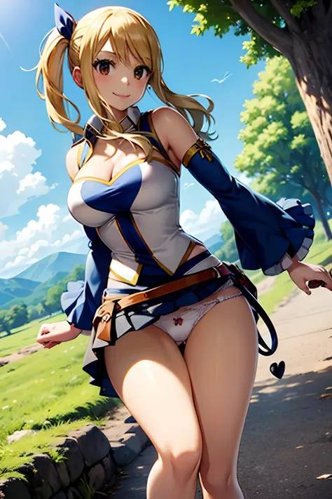 Master masterpiece, top-quality, High Definition, lucy heartfilia、a blond、(Twin-tailed:1.3)、Colossal tits、(Black Knee High:1.3)、Removable sleeves、hason、cropped vest、Strapless、a belt、a black skirt, Smiling face, Solo、plein air、is standing、cowboy  shot, (Per...