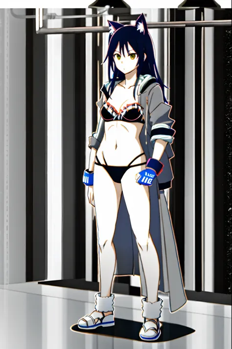 ((cat girl)), ((full body)), ((Standing pose)), (((baggy and long leg warmers))), ((strapless bikini bra)), ((thong)), ((open jacket)), ((UFC gloves)), ((fully detailed))