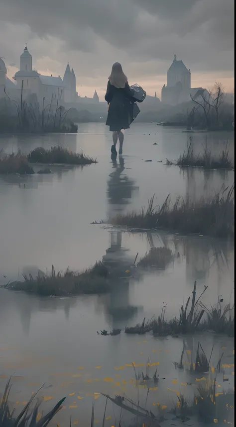 On a grey rainy day a beautiful young lady (((walking into a lake away from camera))), extreme long shot, full body shot, perfect anatomy beautiful legs, very large lake, walking in shallow shoreline, 24k resolution, impressionism art style, photorealistic...