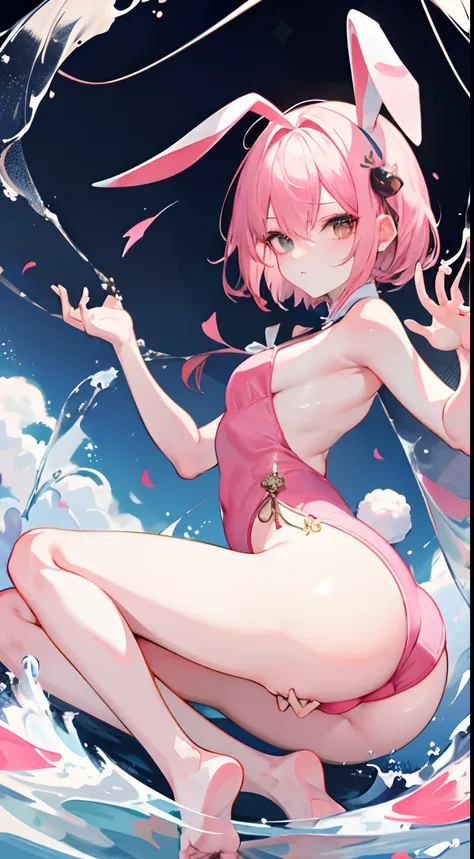 opening legs，Bunny ears，No underwear， the feet，is shy，sitted， Feet，Exposed genitals，clear liquid，Bigchest，transparent panty，soaking wet，A pink-haired，Hold your thighs from behind with your hands，Emotive expressions，Ambiguous，taunt，on cheongsam，Unoccluded，T...