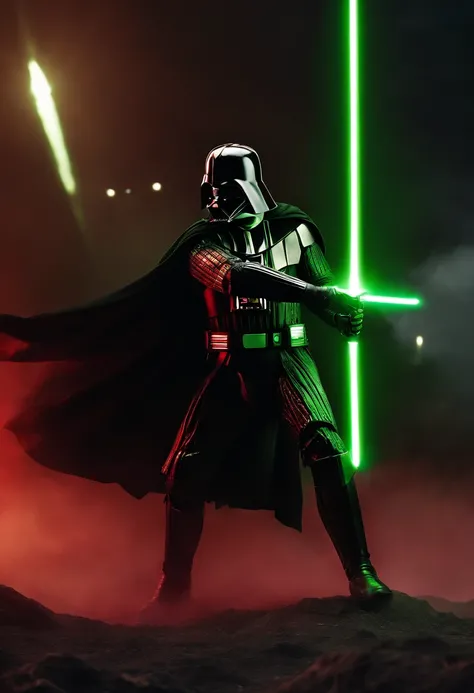 darth vader as a spartan warrior, jumping in the air, a neon green light sabers in hand, the sky is a pale hunter green, dying spartans on the ground , bloody armor, epic, 8k