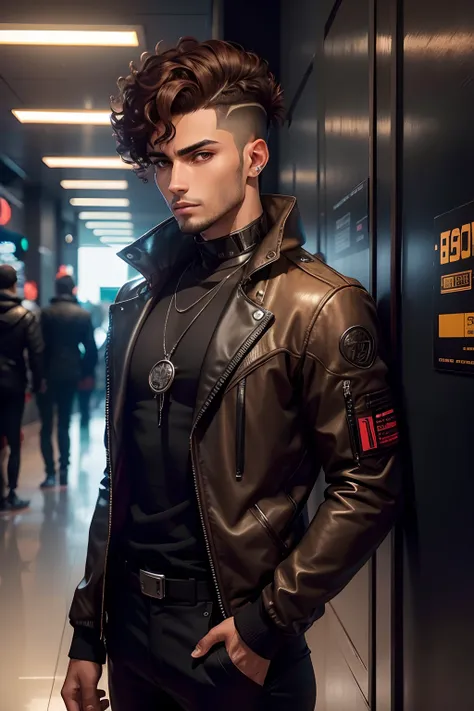 homem marrom claro, 25 anos, 1.80 altas, fino e forte. Curly short hair with gradient on the sides, olhos castanhos escuros, with a soft expression. Very detailed, real, vestindo estilo cyberpunk,  black pant, Black sneakers and black jacket with red inter...