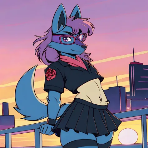 Mute pastel colors， Smooth photos， Retro soul, 1990s animation, 1980s animation, Retro soul， Retro anime style， Masterpiece, Best Quality, Lucario, furry, solo female, Lucario Pokémon, skirt, thigh high socks, crop top black jacket, Retro Lucario fanart, 1...