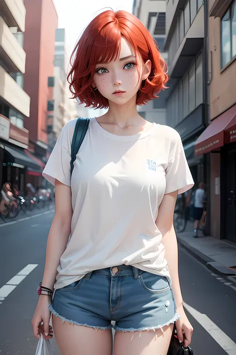 1girl, short red hair, freckles, blue eyes, otaku, kawaii, wearing plain white shirt, shorts, city, absurdities, high resolution, ultra-clear, 8K, masterpiece, looking at viewer