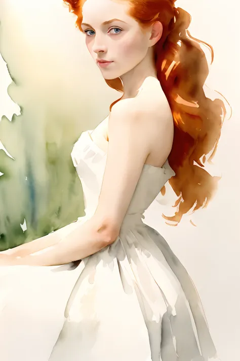 (best quality), ((masterpiece)), 8k 25 year old, redhead girl, alluring, armpit lenght hair (((upturned eyes))) cute ((strapless white dress)) slender build, ((corkscrew hairstyle)) ((( John Singer Sargent watercolor sketch )))