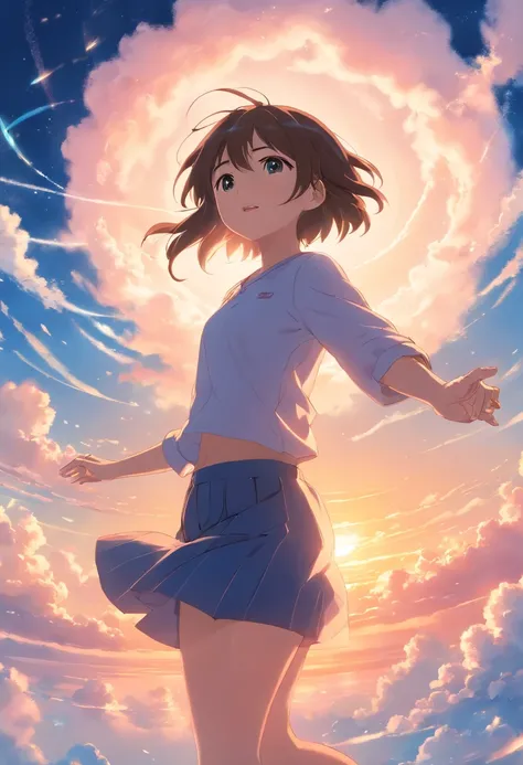 masterpiece, best quality, movie still, 1girl, cloud girl, floating in the sky, close-up, bright, happy, warm soft lighting, sunset, (sparks:0.7)