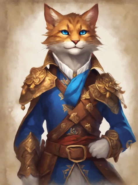 Tabaxi, Wearing Brave Suit, vivid blue with white collar and bronze buttons, masterpiece, best quality