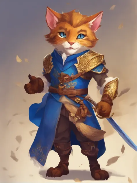 Tabaxi, Wearing Brave Suit, vivid blue with white collar and bronze buttons, masterpiece, best quality