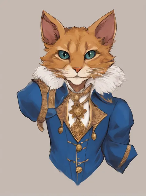 Tabaxi, Wearing Brave Suit, vivid blue with white collar and bronze buttons, masterpiece, best quality