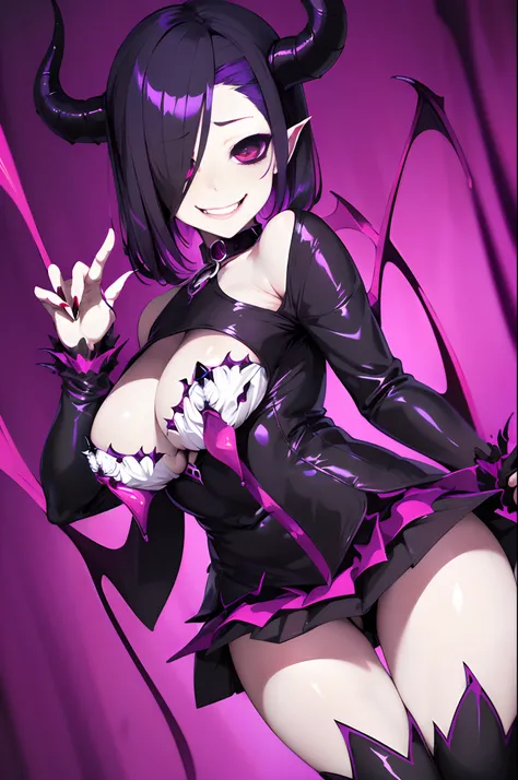 Succubus (Girl, Evil Smile, Devil, Dark Energy, Evil Energy, Brainwashing, Corruption), Black Eyes, Succubus Eyes, {Purple Dark Energy}, {Anime Feeling},miniskirt