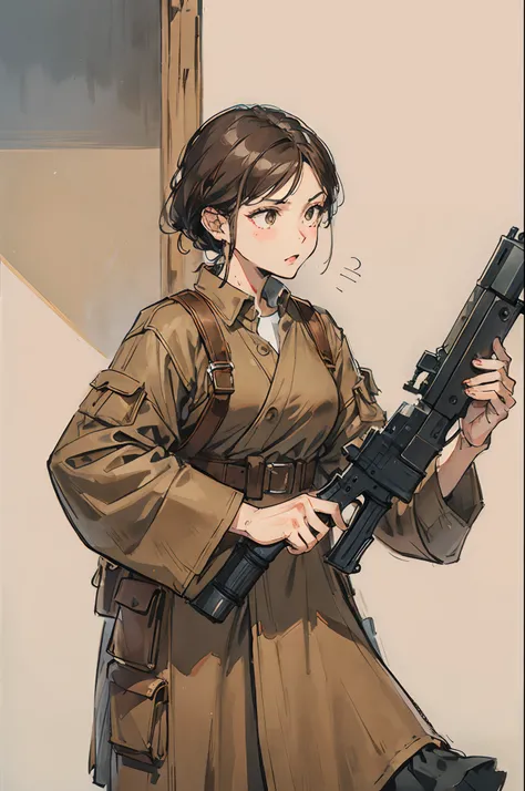 A mature brown woman, dressed in guerrilla style clothes and holding a machine gun.