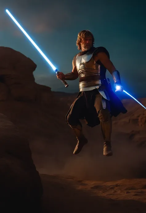 luke skywalker as a spartan warrior, jumping in the air, a neon blue light sabers in hand, the sky is a pale hunter green, dying spartans on the ground , bloody armor, epic, 8k