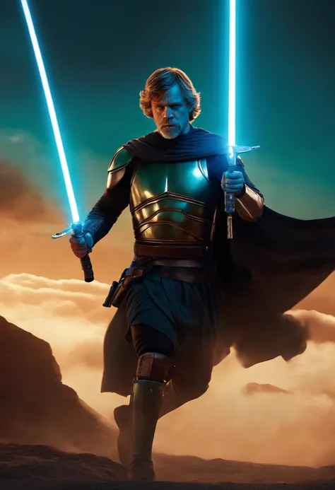 luke skywalker as a spartan warrior, jumping in the air, a neon blue light sabers in hand, the sky is a pale hunter green, dying spartans on the ground , bloody armor, epic, 8k