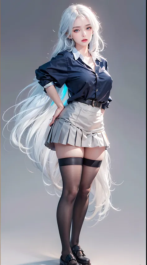 photorealistic, high resolution, soft lights, 1women, solo, hips up, blue eyes, white hair, long hair, shirt, skirt, thigh highs