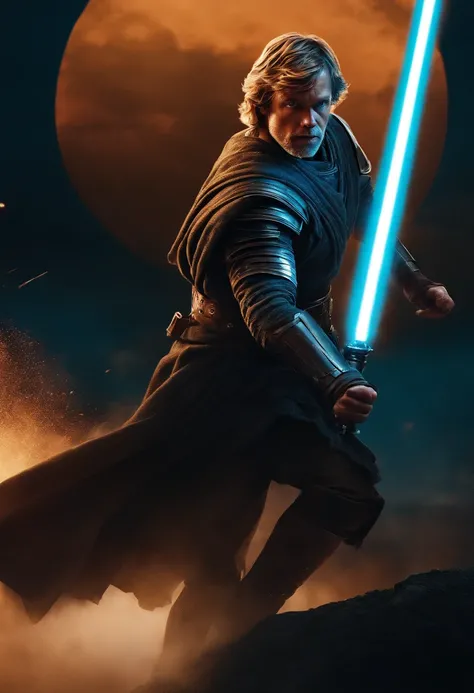 luke skywalker as a spartan warrior, jumping in the air, a neon blue light sabers in hand, the sky is a pale hunter green, dying spartans on the ground , bloody armor, epic, 8k