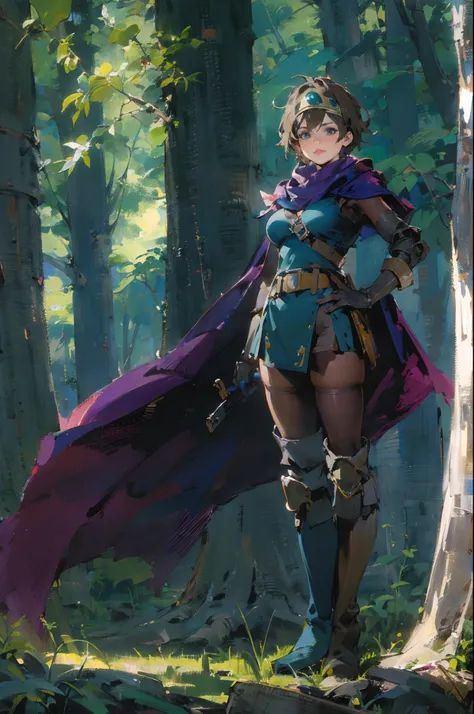 (((Top Quality: 1.4))),(Unparalleled Masterpiece), (Ultra High Definition),(Ultra-Realistic 8k CG),official art, (sheathed weapon on back:1.2), roto (dq3), 1girl, solo, short hair, brown hair, blue eyes, circlet, large breasts, cleavage, strapless, blue dr...