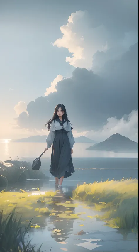 On a grey rainy day a beautiful young extremely beautiful dark haired lady chibi face, (((walking into a lake away from camera))), extreme long shot, full body shot, very large lake, walking in shallow shoreline, 24k resolution, photorealistic, hyperdetail...