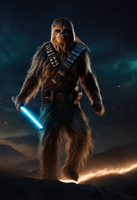 chewbacca as a spartan warrior, jumping in the air, a neon blue light sabers in hand, the sky is a pale hunter green, dying spartans on the ground , bloody armor, epic, 8k