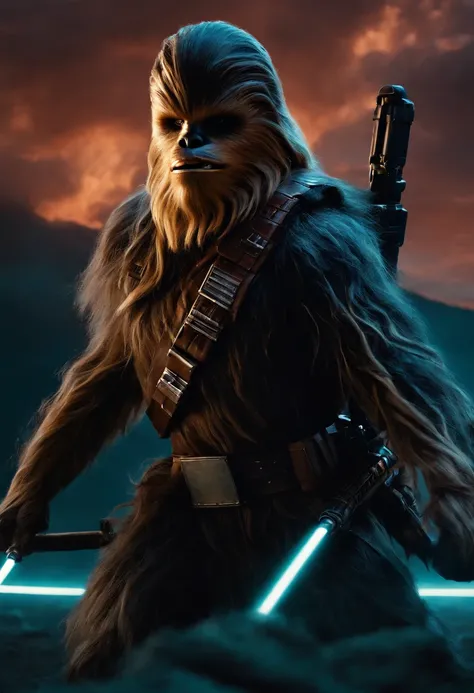 chewbacca as a spartan warrior, jumping in the air, a neon blue light sabers in hand, the sky is a pale hunter green, dying spartans on the ground , bloody armor, epic, 8k