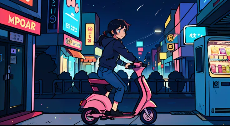 girl in her 20s, city background, vending machine (scooter), night, 80s,
(Best Quality: 0.8), (Best Quality: 0.8), Perfect Anime Illustration, Dark Unclear Face, Glowing Eyes