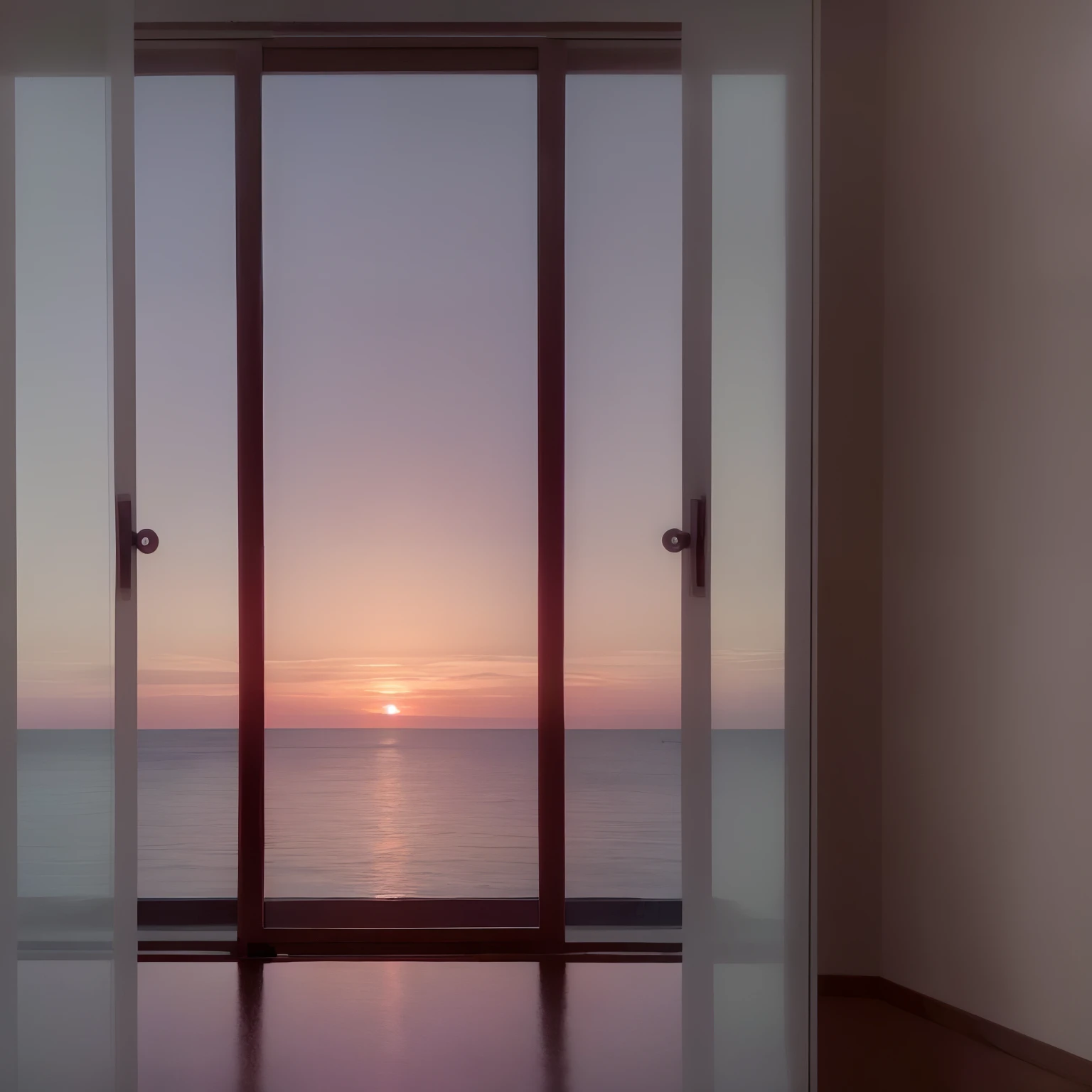 Photo taken from inside an apartment facing the sea of a stunning panoramic view of the ocean at dusk, captured by a camera with soft light, painting the sky in warm tones and reflecting on the calm surface of the waters