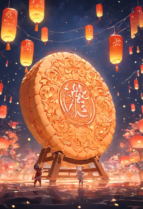 Create an artistic depiction of mooncakes with the inscription "eRUBIK" on the surface of the cakes,  the Mid-Autumn Festival in Vietnam, and children enjoying themselves，Bright moon，best qualtiy，3D modeling rendering，C4D style，wide wide shot，8K